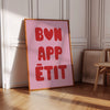 Bon Appetit Poster Printable Wall Art Eat Sign Typography Print,French Quote Poster Red Retro Kitchen Wall Art Maximalist Kitchen Pink Print