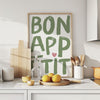 Bon Appetit Poster Sage Green Prints Printable Art Eat Sign, Typography Print French Quote Poster Modern Kitchen Wall Art Maximalist Kitchen