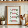 Good Food Good Mood Print: Sage Green Minimalist Kitchen Art, Eat Sign Wall Decor